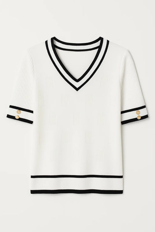 V - Neck Sweater Short Sleeve Summer Tops with Buttons