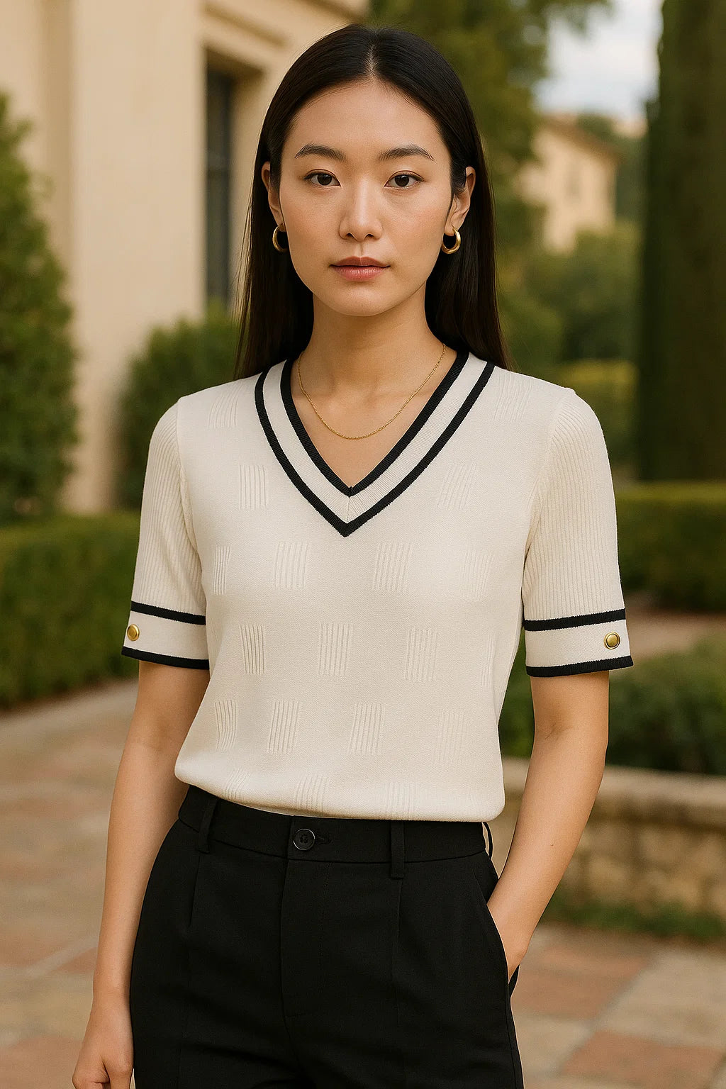 V - Neck Sweater Short Sleeve Summer Tops with Buttons